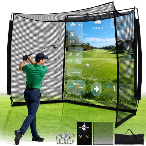Golfer using Golf Practice Hitting Net With HD Simulator Screen And Target Cloth 10x8 Ft Pro Grade Golf Driving Net immersive setup