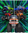 Monster Truck Curtain Set For Boys Bedroom Cartoon 3D Green Light Graffiti 4x4 Flame Buggy Car Window Drapes 42x45 Inches