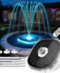 Bird Bath Fountain Pump Upgrade With LED Light And 9 Spray Modes For Outdoor Ponds And Pools, glowing at night.