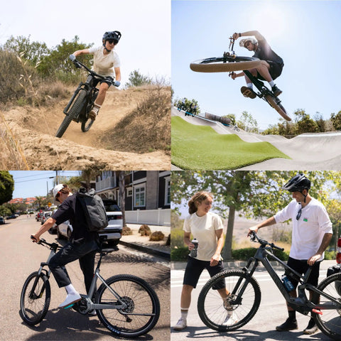 Cyclists riding with Stamp 0 Flat Pedals for MTB and BMX, showcasing control and versatility in various terrains.