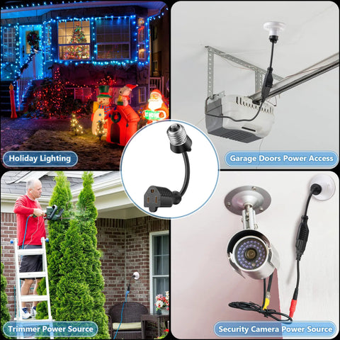 3 Outlet Light Socket Adapter For E26 E27 Bulbs To Extend Power Outdoors shown with holiday lighting, garage, and camera setup
