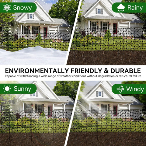 24 Inch High Outdoor Garden Fence Border Edging Roll Made From HDPE With UV Anti Aging Finish Keeps Rabbits And Small Pests Out in different weather conditions around a house.