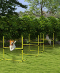 Dogs jumping over Four Piece Adjustable Dog Agility Jump Set Training Kit with Portable Carry Bag For All Sizes in park setting