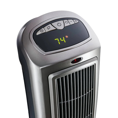 Close-up of Oscillating Digital Ceramic Tower Space Heater For Home Or Office With Remote, showing control panel and grill