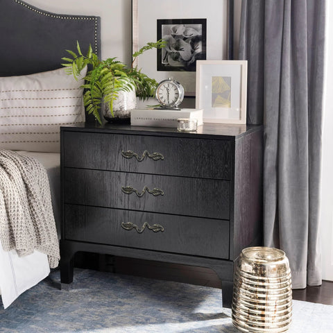 Dresser with Leaf Shape Drawer Pull Handle Set In Vintage Bronze Finish, shown in bedroom setting, floral decor, zinc alloy, 3 inch hole center.