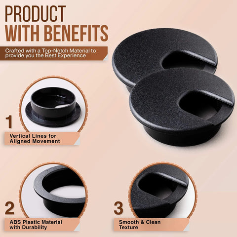 Desk Grommet 2 Inch Cable Hole Cover Pack Of 5 Black ABS Plastic Wire Management shown with benefits and features