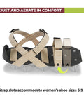 Game-Changing Lawn Aerator Shoes With Adjustable Straps Pre-Assembled One-Size-Fits-All showing strap slots for sizes 6-9.