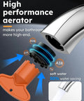Diagram showing aerator and water-saving feature of Single Handle Chrome Bathroom Faucet With Pop Up Drain 1 Hole High Arc Basin Sink Tap.