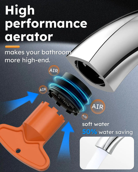 Diagram showing aerator and water-saving feature of Single Handle Chrome Bathroom Faucet With Pop Up Drain 1 Hole High Arc Basin Sink Tap.