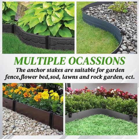 Collage of garden scenes using 55 Piece Landscape Edging Anchor Stakes Set, 8.5 Inch Heavy Duty Black Plastic Garden Stakes for edging.