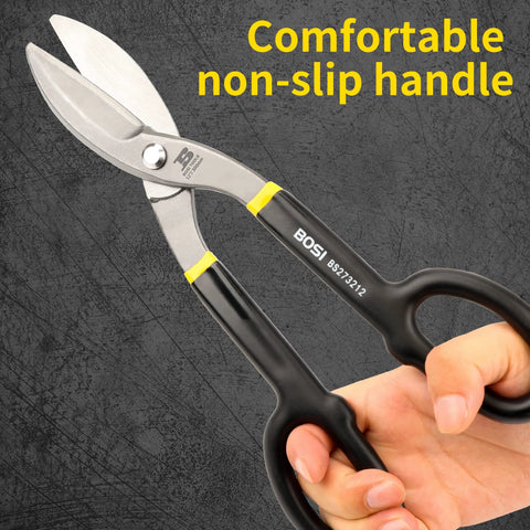 BOSI tin snips, 12in straight-cut sheet metal shears with carbon steel blades and rubber-dipped handles