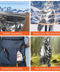 Person demonstrates 6 Pack Emergency Mylar Space Blankets Kit For Outdoor Survival, Hiking, Camping Reflective Thermal Blankets.