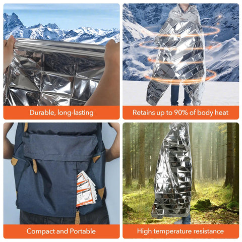 Person demonstrates 6 Pack Emergency Mylar Space Blankets Kit For Outdoor Survival, Hiking, Camping Reflective Thermal Blankets.