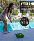 Woman using Ultimate Pop Up Golf Chipping Net Set for portable practice on the go with foldable design by a poolside.