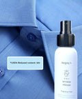 Straight Up Game Changer Travel Size Wrinkle Remover And Static Cling Eliminator With Fresh Linen Scent Quick Fix Odor Killer For Shirts And Pants Two Pack, spray bottle beside blue dress shirt.