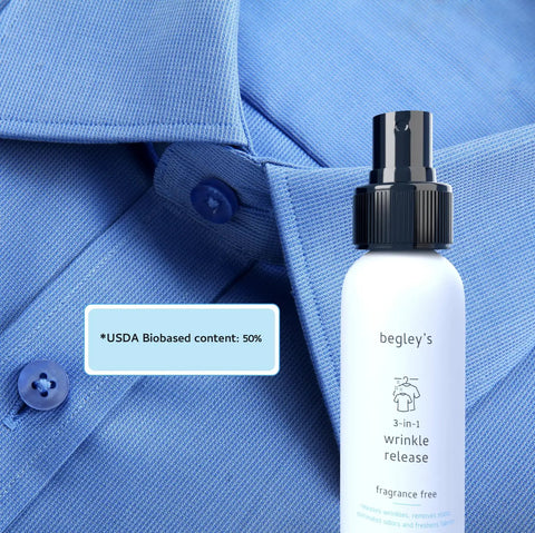 The Ultimate 3 In 1 Wrinkle Release Spray That Kicks Static Cling And Cuts Odor For Crisp Clothes Without Ironing In A Legit Plant Derived Quick Fix 3 Oz Travel Bottle next to a blue shirt.