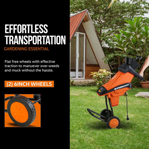 Leaf Shredder Mulcher Corded Electric With 15A 1800W Motor 17 To 1 Reduction next to garden with 6-inch wheels for transport