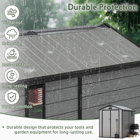 6x6 Ft Plastic Outdoor Storage Shed With Transparent Roof No Hassle Setup Resin Shed With Lockable Floor And Double Doors in rain