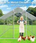 Large Outdoor Metal Chicken Coop With Walk In Run For Backyard Poultry, 19.19 By 9.84 By 6.56 Feet shown with person inside