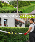 Person using 20V Cordless Pole Hedge Trimmer With 20 Inch Blades 9 Feet Reach Extension Pole, lightweight design, before and after hedge trim.