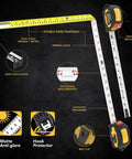 Four Pack 25 Foot Tape Measures With AutoLock And DuaLock, 1 Inch Nylon Coated Blade, Dual Sided White And Yellow Scales For Ft Inch Fractions And Metric, True Zero Hook, Rugged Anti Slip ABS Case For Heavy Duty DIY Projects displaying detailed features.