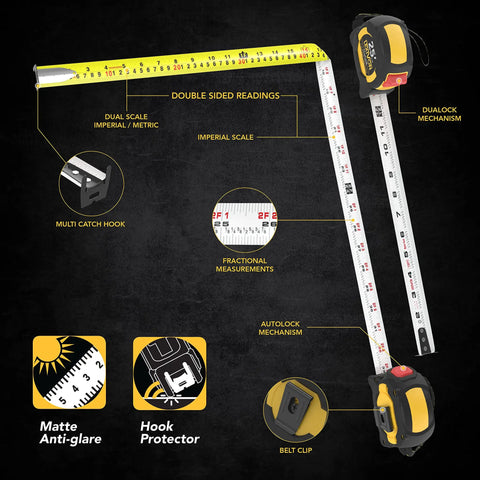 Four Pack 25 Foot Tape Measures With AutoLock And DuaLock, 1 Inch Nylon Coated Blade, Dual Sided White And Yellow Scales For Ft Inch Fractions And Metric, True Zero Hook, Rugged Anti Slip ABS Case For Heavy Duty DIY Projects displaying detailed features.