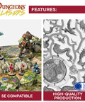 Tabletop RPG scene with figures on terrain and sprue showcasing high-quality 5E compatible miniatures production.