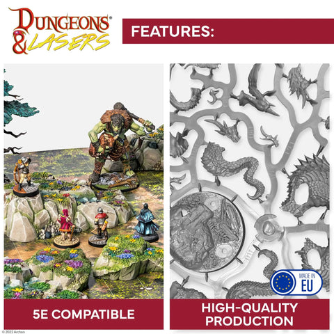 Tabletop RPG scene with figures on terrain and sprue showcasing high-quality 5E compatible miniatures production.