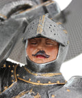 Close-up of armor-clad knight's face in Weary Knight From Battle's End Sculptural Lamp For Home Or Garden, sculptural detail