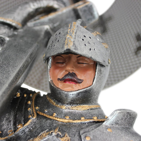Close-up of armor-clad knight's face in Weary Knight From Battle's End Sculptural Lamp For Home Or Garden, sculptural detail