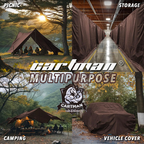 Extra Thick 8x10 Feet Brown Beefed Up Heavy Duty Poly Tarpaulin 20 Mil Waterproof UV Resistant With Reinforced Edges in use outdoors.