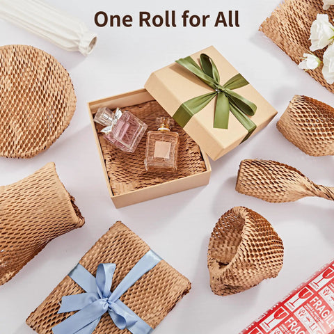 15 Inch By 213 Foot Honeycomb Packing Paper Bubble Wrap For Packing Shipping And Moving displayed with gift boxes and fragile labels