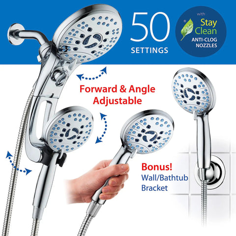 Ultra High Pressure Shower Head Combo With Handheld And Rain Modes, chrome finish, 50 settings, wall bracket visible