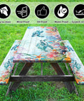 Outdoor Picnic Table Cover With Elastic Sides And Bench Covers 3 Piece Set 72 X 30 Table And 72 X 12 Benches Waterproof Fit For 6Ft Tables Sea Turtle Pattern Great For Camping And Backyard Dining showing colorful sea turtle design on wooden picnic table and benches.