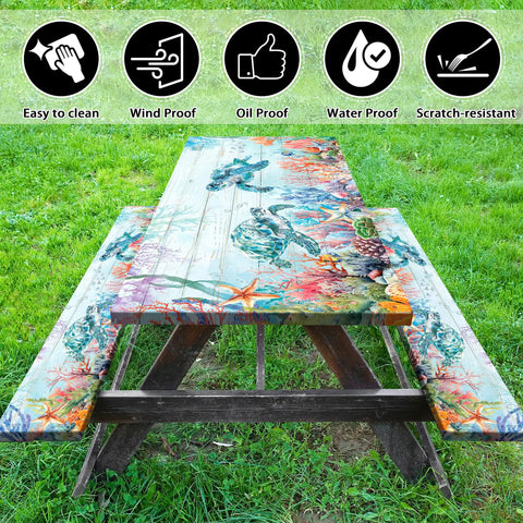 Outdoor Picnic Table Cover With Elastic Sides And Bench Covers 3 Piece Set 72 X 30 Table And 72 X 12 Benches Waterproof Fit For 6Ft Tables Sea Turtle Pattern Great For Camping And Backyard Dining showing colorful sea turtle design on wooden picnic table and benches.