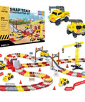 Snap Trax Construction Race Track Set For Kids with 2 LED Light Up Cars, 251-piece set including trucks, cranes, and bridges.