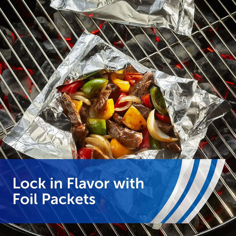 Everyday Strength Aluminum Foil Roll 75 Feet Long By 12 Inches Wide 75 Square Feet Heavy Duty Kitchen Wrap on grill with veggies