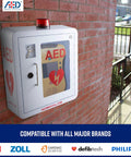 Heavy Duty Stainless Steel AED Wall Mount Cabinet For Defibrillators with bright strobe, key lock, mounted on brick wall.