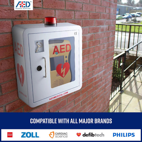 Heavy Duty Stainless Steel AED Wall Mount Cabinet For Defibrillators with bright strobe, key lock, mounted on brick wall.