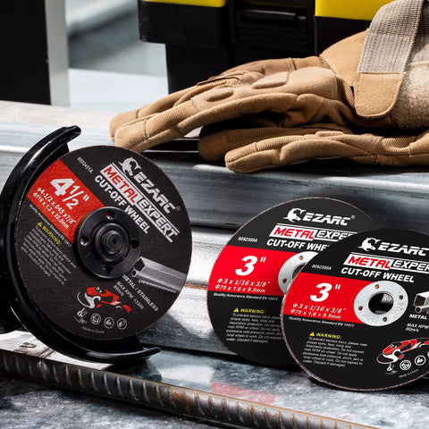 Three EZARC Metal Expert cut-off wheels for metal and stainless steel; black-red labeled discs.