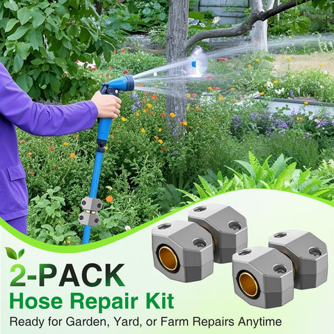 Two Pack Metal Hose Menders for Five Eighth Inch and Three Quarters Inch Hoses, Heavy Duty Aluminum and Brass Repair Kit with garden spray