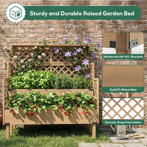 Two Tier Raised Garden Bed With Trellis And Top Shelf For Patio Or Balcony, Outdoor Elevated Planter Box With Dual Planting Areas