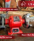 6-Inch Bench Grinder With Dual Eye Shields, 3400 RPM, 2.1A, 1/3 HP, shown with thick and mid grit wheels