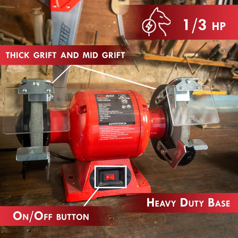 6-Inch Bench Grinder With Dual Eye Shields, 3400 RPM, 2.1A, 1/3 HP, shown with thick and mid grit wheels