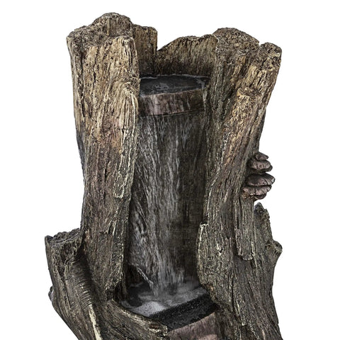 Outdoor Rainforest Waterfall Tree Trunk Floor Fountain With Led Lights, Tiered Garden Decor, front view showing water flow and texture