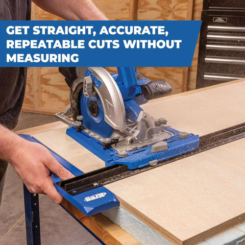 Kreg Rip-Cut guide blue mounted on a side-blade circular saw for straight cuts