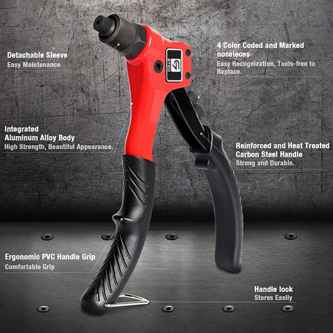 Front view of Rivet Gun Kit With 200 Aluminum Rivets And Four Drill Bits DIY Manual Hand Riveter With Rugged Carrying Case