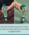 Waterproof pH Meter Kit With Flat Surface Electrode And Temperature Display in use for soil and carpet testing.
