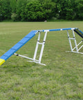 6 Foot Dog Agility Walk With Aluminum Rails And Rubber Surface in grassy field, showing adjustable height and two ramps