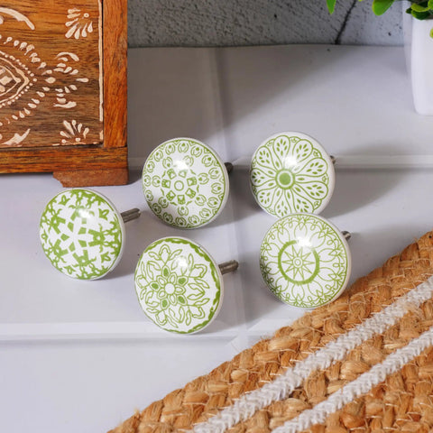 Green White Ceramic Cabinet Knobs Set Of 10 Hand Painted Printed Drawer Pulls For Kitchen Cabinets And Furniture 55mm Height 38mm Diameter Decorative Hardware, white and green floral knobs